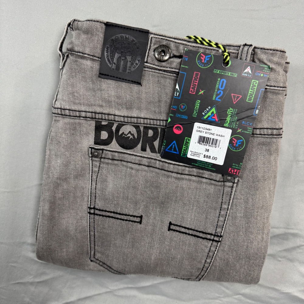 Born Fly Grey Stone Wash Ankle Zip Graphic Slim Jeans Mens 38 Embroidery Patch